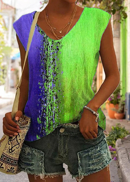 Vintage Rose V Neck Print Solid Tops Sleeveless LY1949