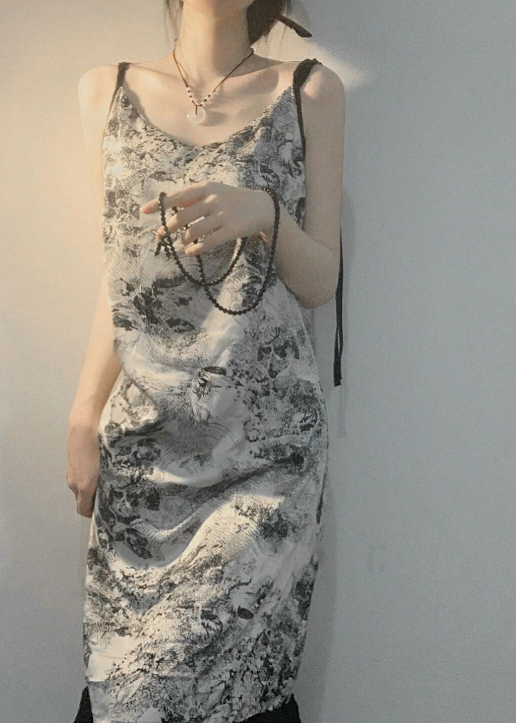 Vintage V Neck Print Ice Silk Pajamas Robe And Slip Dress Two Piece Set Summer TO1045