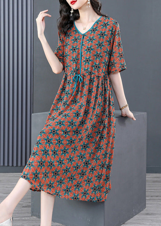 Vintage V Neck Print Wrinkled Tie Waist Long Dresses Summer LY1737