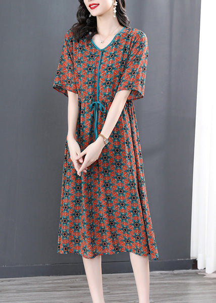 Vintage V Neck Print Wrinkled Tie Waist Long Dresses Summer LY1737