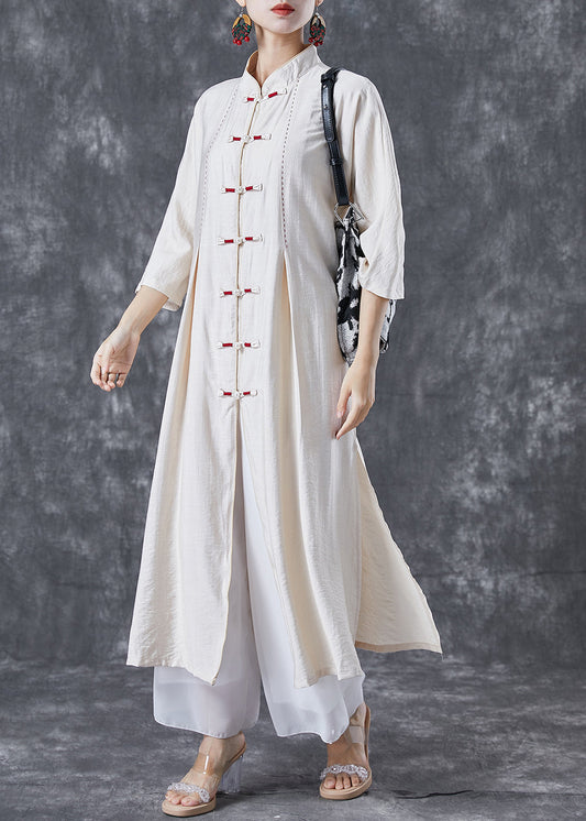 Vintage White Chinese Button Side Open Cotton Trench Bracelet Sleeve TA1023