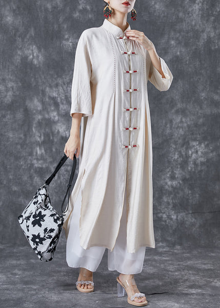 Vintage White Chinese Button Side Open Cotton Trench Bracelet Sleeve TA1023