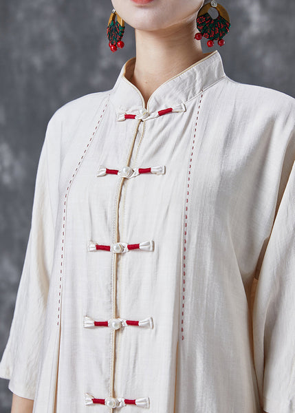 Vintage White Chinese Button Side Open Cotton Trench Bracelet Sleeve TA1023