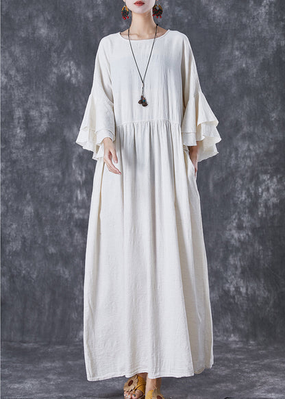 Vintage White Oversized Exra Large Hem Linen Maxi Dresses Flare Sleeve TD1057