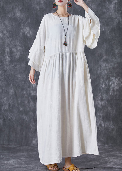 Vintage White Oversized Exra Large Hem Linen Maxi Dresses Flare Sleeve TD1057