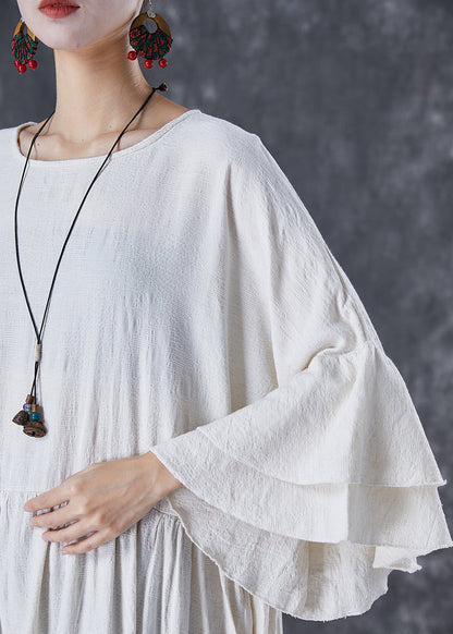 Vintage White Oversized Exra Large Hem Linen Maxi Dresses Flare Sleeve TD1057