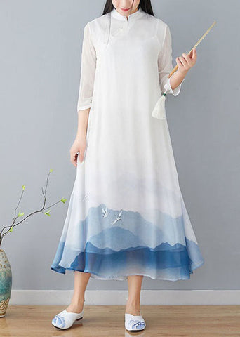 Vintage White Stand Collar Patchwork Print Silk Dress Summer LY1719