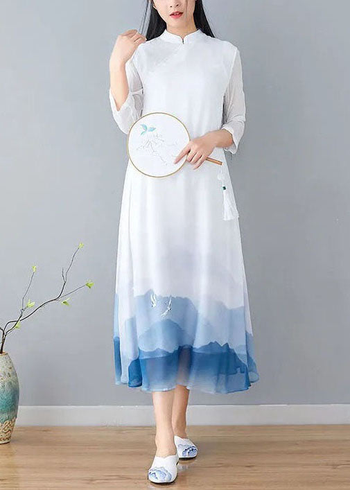 Vintage White Stand Collar Patchwork Print Silk Dress Summer LY1719