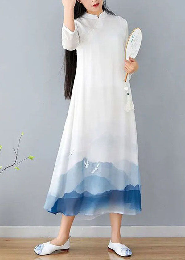 Vintage White Stand Collar Patchwork Print Silk Dress Summer LY1719