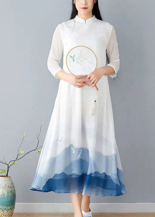 Vintage White Stand Collar Patchwork Print Silk Dress Summer LY1719