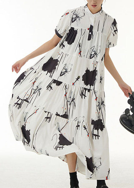 Vintage White Stand Collar Wrinkled Print Chiffon Dresses Summer LY1214