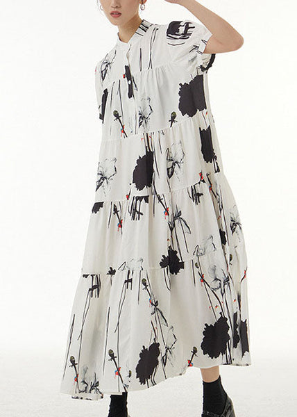 Vintage White Stand Collar Wrinkled Print Chiffon Dresses Summer LY1214