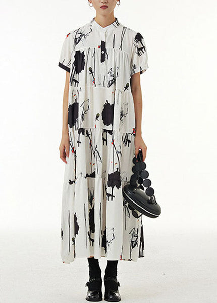 Vintage White Stand Collar Wrinkled Print Chiffon Dresses Summer LY1214