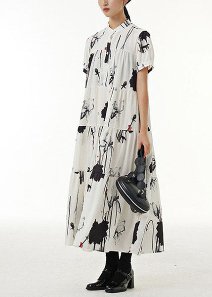 Vintage White Stand Collar Wrinkled Print Chiffon Dresses Summer LY1214