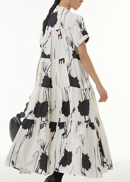 Vintage White Stand Collar Wrinkled Print Chiffon Dresses Summer LY1214
