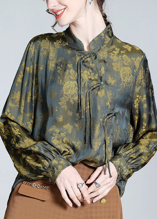 Vintage Yellow Green Print Button Silk Tops Long Sleeve AC3031