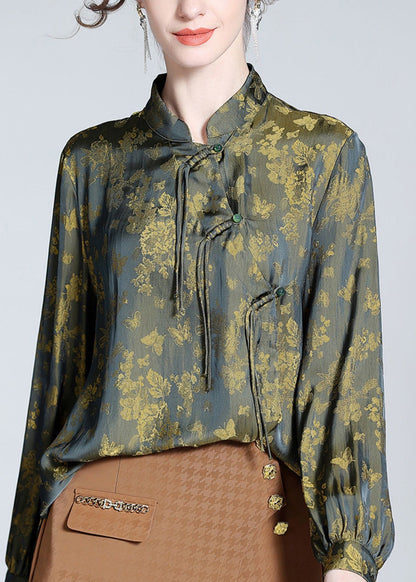 Vintage Yellow Green Print Button Silk Tops Long Sleeve AC3031