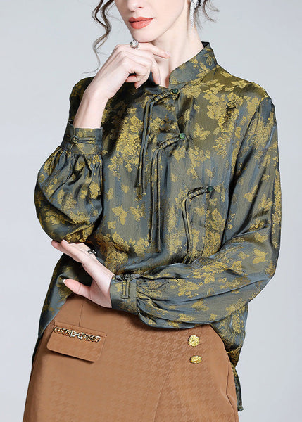 Vintage Yellow Green Print Button Silk Tops Long Sleeve AC3031