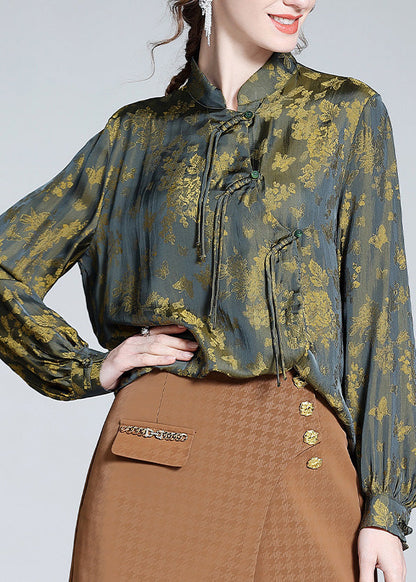 Vintage Yellow Green Print Button Silk Tops Long Sleeve AC3031