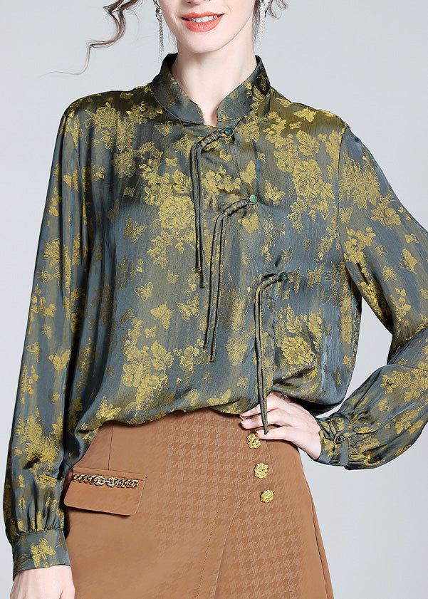 Vintage Yellow Green Print Button Silk Tops Long Sleeve AC3031