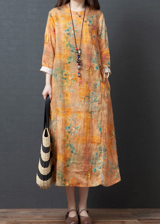 Vintage Yellow O-Neck Print Tie Waist Linen Holiday Dress Spring LY0918