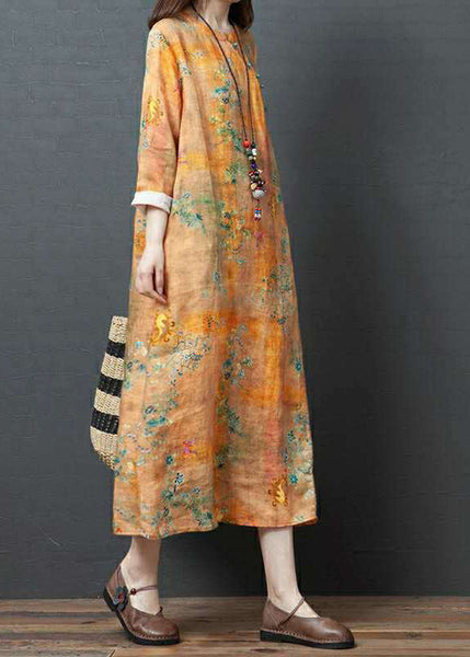 Vintage Yellow O-Neck Print Tie Waist Linen Holiday Dress Spring LY0918