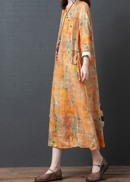 Vintage Yellow O-Neck Print Tie Waist Linen Holiday Dress Spring LY0918