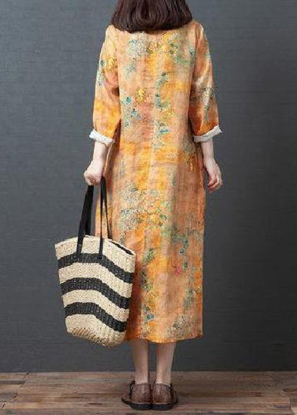 Vintage Yellow O-Neck Print Tie Waist Linen Holiday Dress Spring LY0918