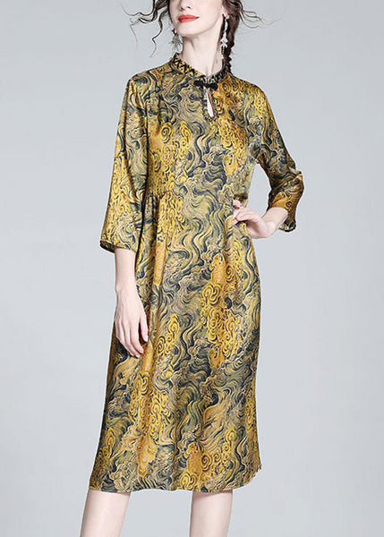 Vintage Yellow Stand Collar Print Button Silk Maxi Dress Summer LY1025