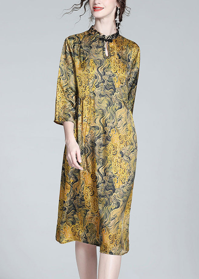 Vintage Yellow Stand Collar Print Button Silk Maxi Dress Summer LY1025