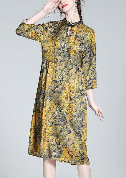 Vintage Yellow Stand Collar Print Button Silk Maxi Dress Summer LY1025