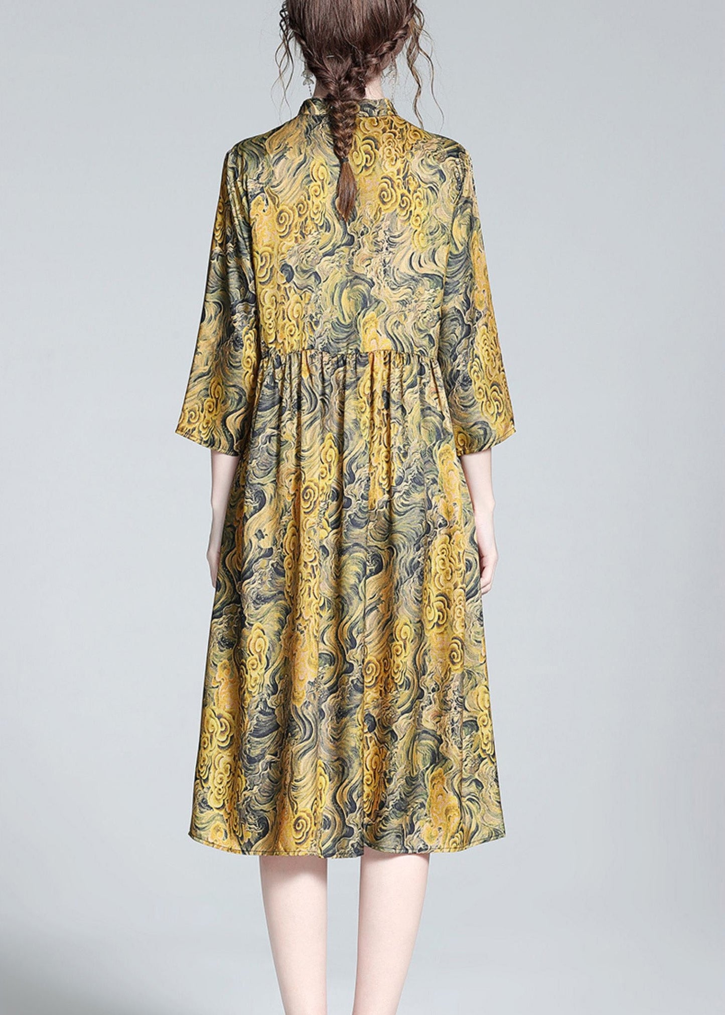 Vintage Yellow Stand Collar Print Button Silk Maxi Dress Summer LY1025