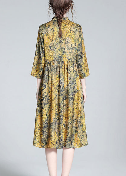 Vintage Yellow Stand Collar Print Button Silk Maxi Dress Summer LY1025