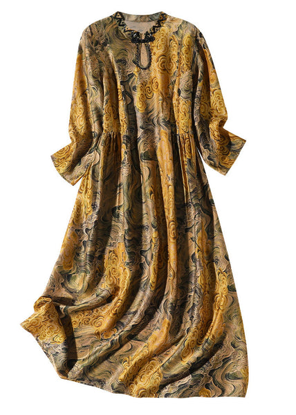Vintage Yellow Stand Collar Print Button Silk Maxi Dress Summer LY1025