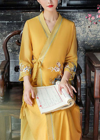 Vintage Yellow V Neck Embroideried Patchwork Silk Dress Summer LY1669
