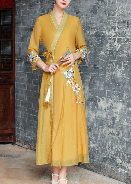 Vintage Yellow V Neck Embroideried Patchwork Silk Dress Summer LY1669
