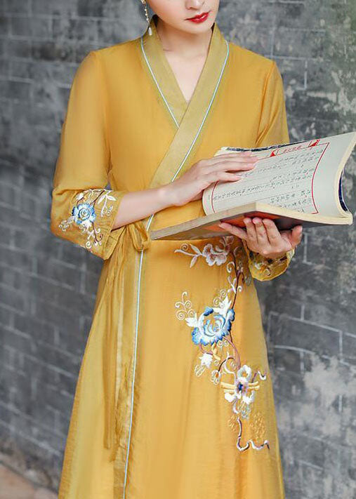 Vintage Yellow V Neck Embroideried Patchwork Silk Dress Summer LY1669
