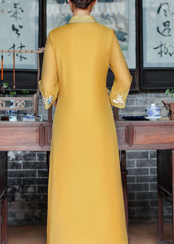 Vintage Yellow V Neck Embroideried Patchwork Silk Dress Summer LY1669