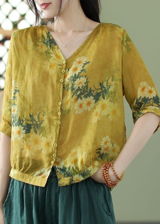 Vintage Yellow V Neck Print Linen Shirt Tops Half Sleeve FR2001