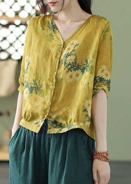 Vintage Yellow V Neck Print Linen Shirt Tops Half Sleeve FR2001