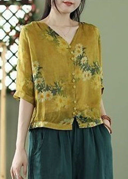 Vintage Yellow V Neck Print Linen Shirt Tops Half Sleeve FR2001