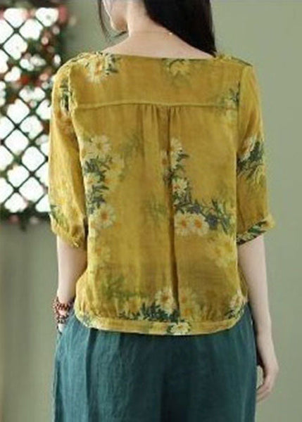 Vintage Yellow V Neck Print Linen Shirt Tops Half Sleeve FR2001