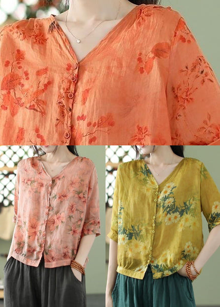 Vintage Yellow V Neck Print Linen Shirt Tops Half Sleeve FR2001