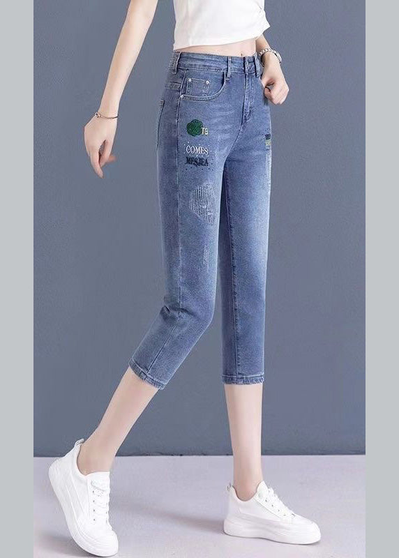 Vogue Blue Embroideried Button Crop Jeans TY1069
