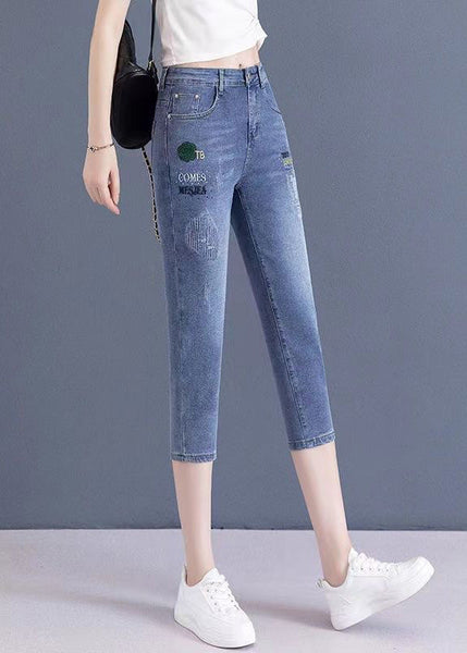 Vogue Blue Embroideried Button Crop Jeans TY1069
