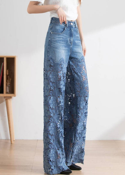 Vogue Blue Lace Patchwork Hollow Out High Waist Debun Straight Pants Spring LY1952