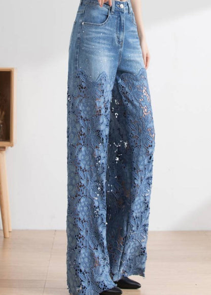 Vogue Blue Lace Patchwork Hollow Out High Waist Debun Straight Pants Spring LY1952