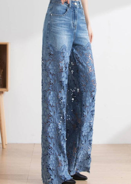 Vogue Blue Lace Patchwork Hollow Out High Waist Debun Straight Pants Spring LY1952