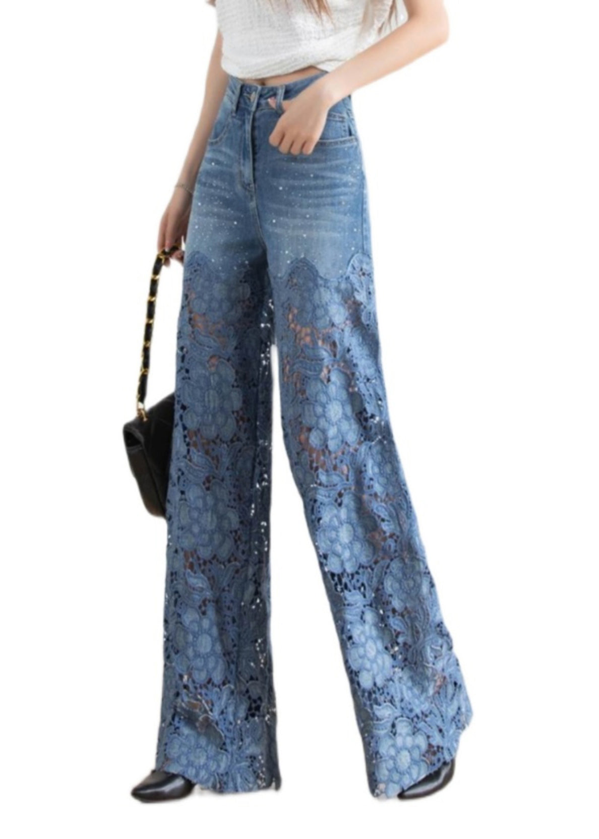 Vogue Blue Lace Patchwork Hollow Out High Waist Debun Straight Pants Spring LY1952