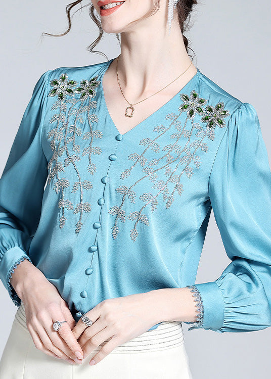 Vogue Blue V Neck Embroideried Button Nail Bead Silk Top Long Sleeve LY0709